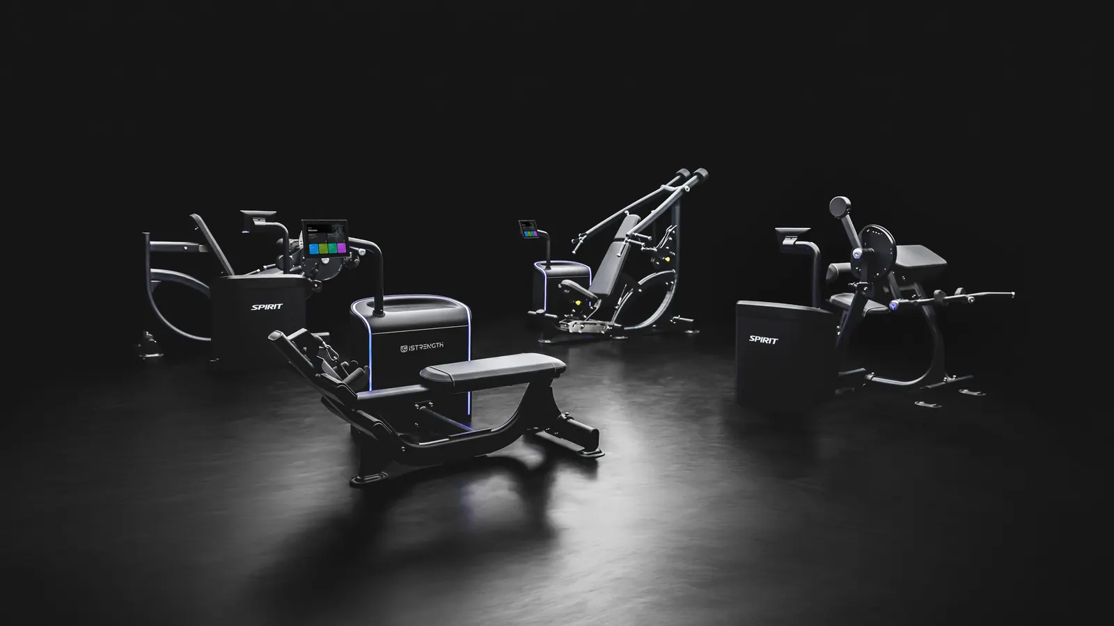The four iStrength machines arranged together in a dark studio